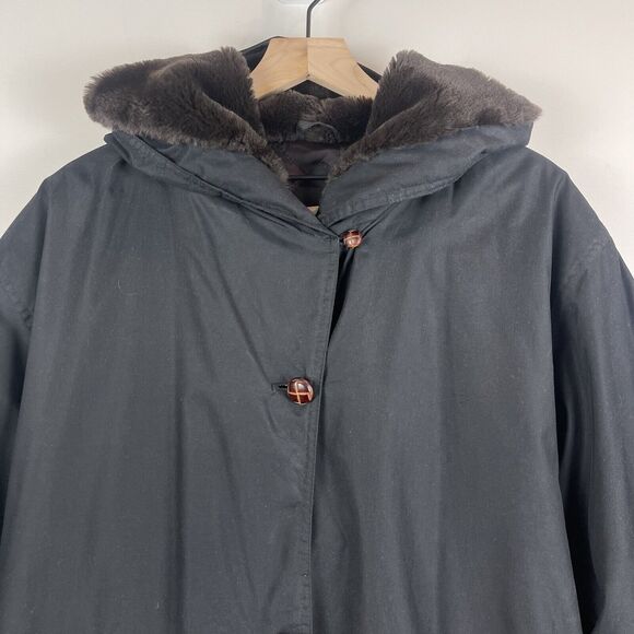 Talbots Womens Coat Jacket Sz S Black Vintage Faux Fur Hood Cool Weather Buttons - Picture 2 of 12